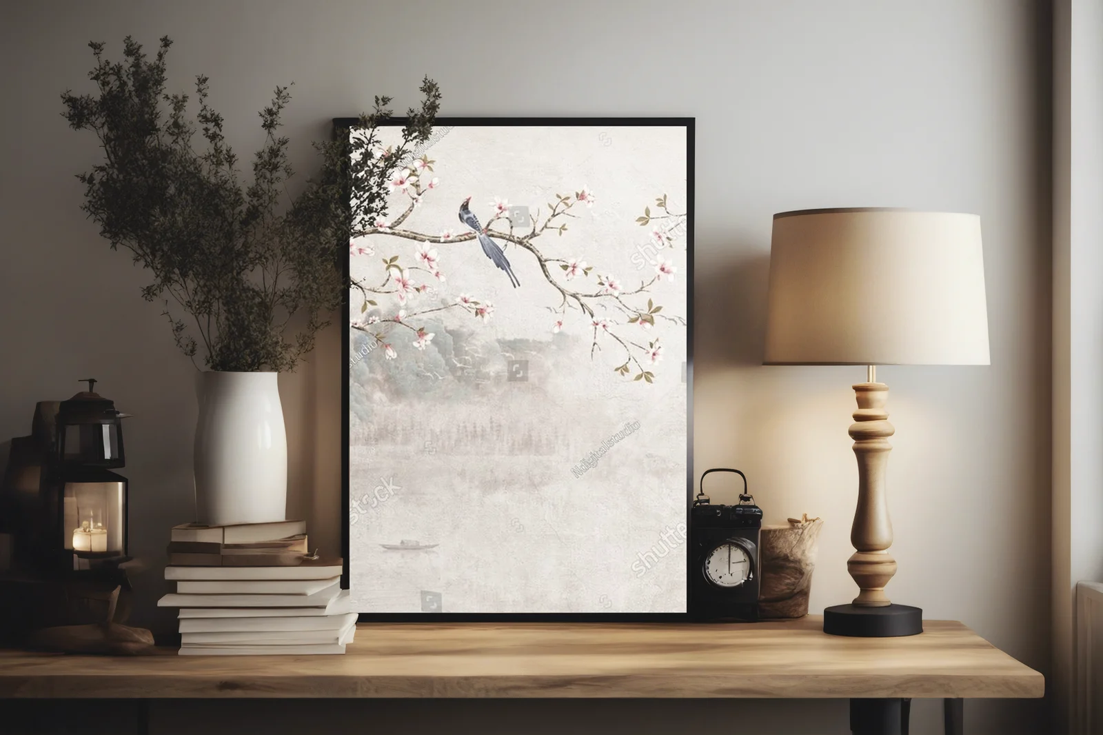 Chinoiserie z kwitnącymi wiśniami i ptakami