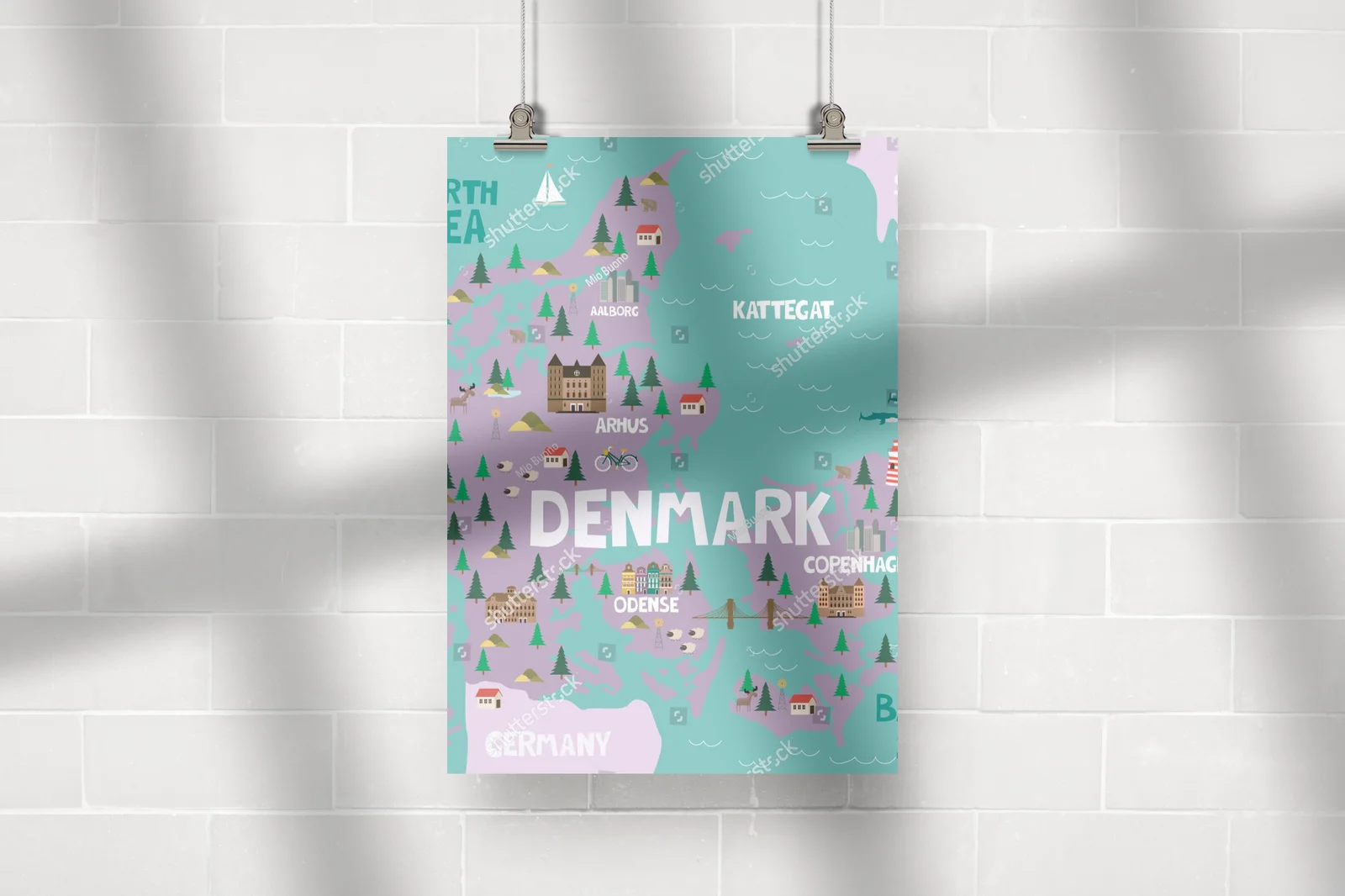 Ilustrowana mapa Danii w pastelowych odcieniach