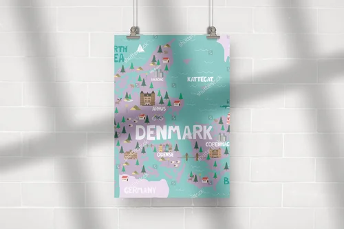Ilustrowana mapa Danii w pastelowych odcieniach