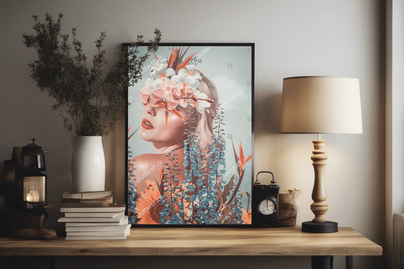 Abstrakcyjny portret z kwiatami w delikatnych odcieniach
