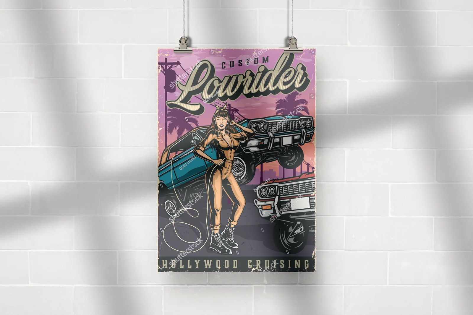 Kolorowy plakat w stylu retro z amerykańskimi lowriderami