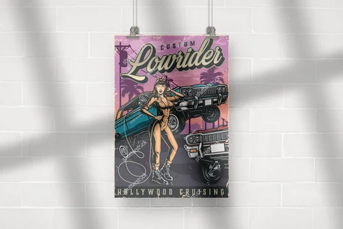 Kolorowy plakat w stylu retro z amerykańskimi lowriderami