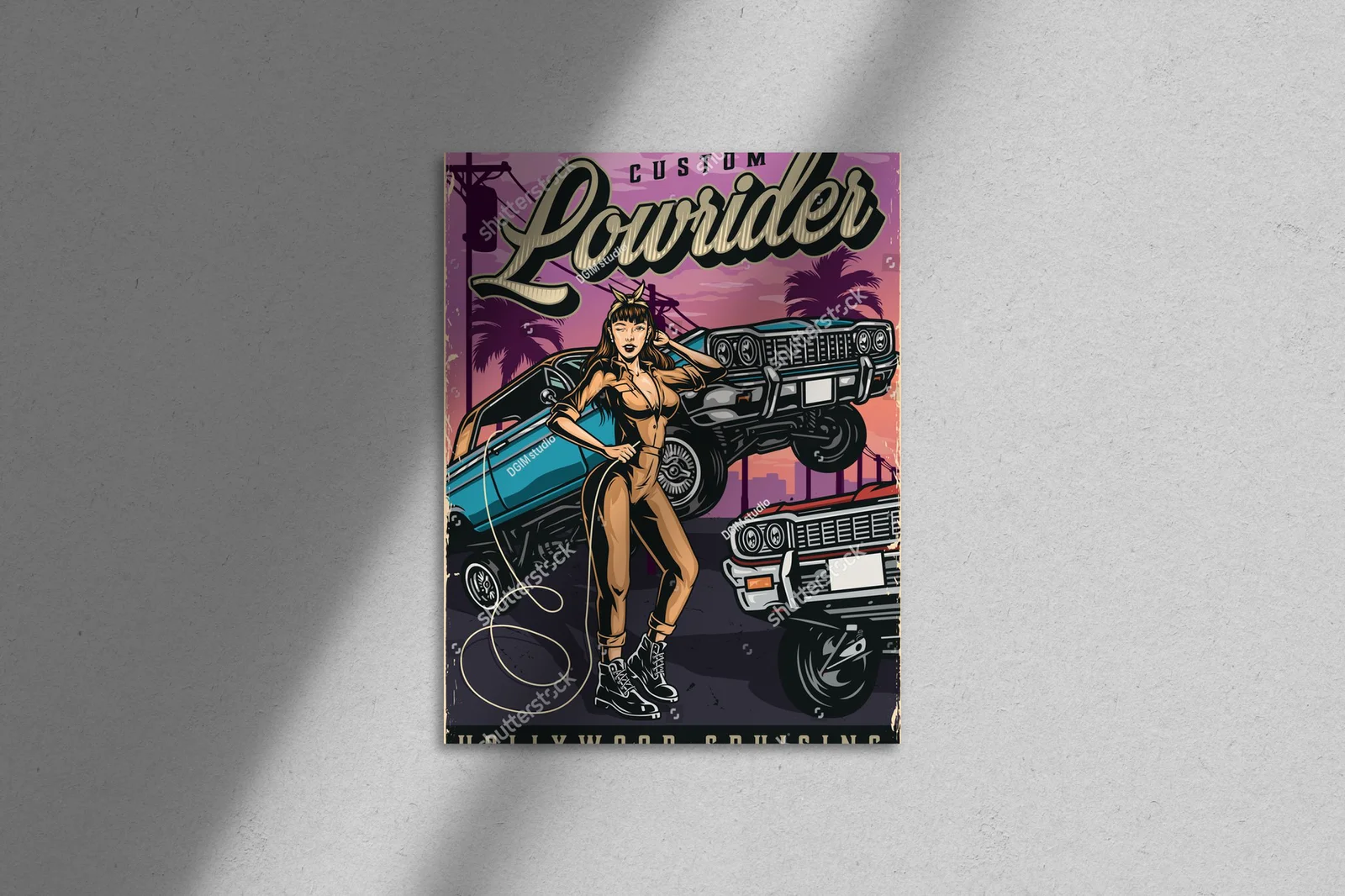 Kolorowy plakat w stylu retro z amerykańskimi lowriderami