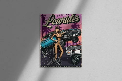 Kolorowy plakat w stylu retro z amerykańskimi lowriderami
