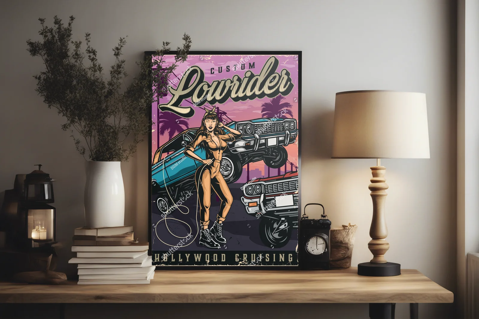 Kolorowy plakat w stylu retro z amerykańskimi lowriderami