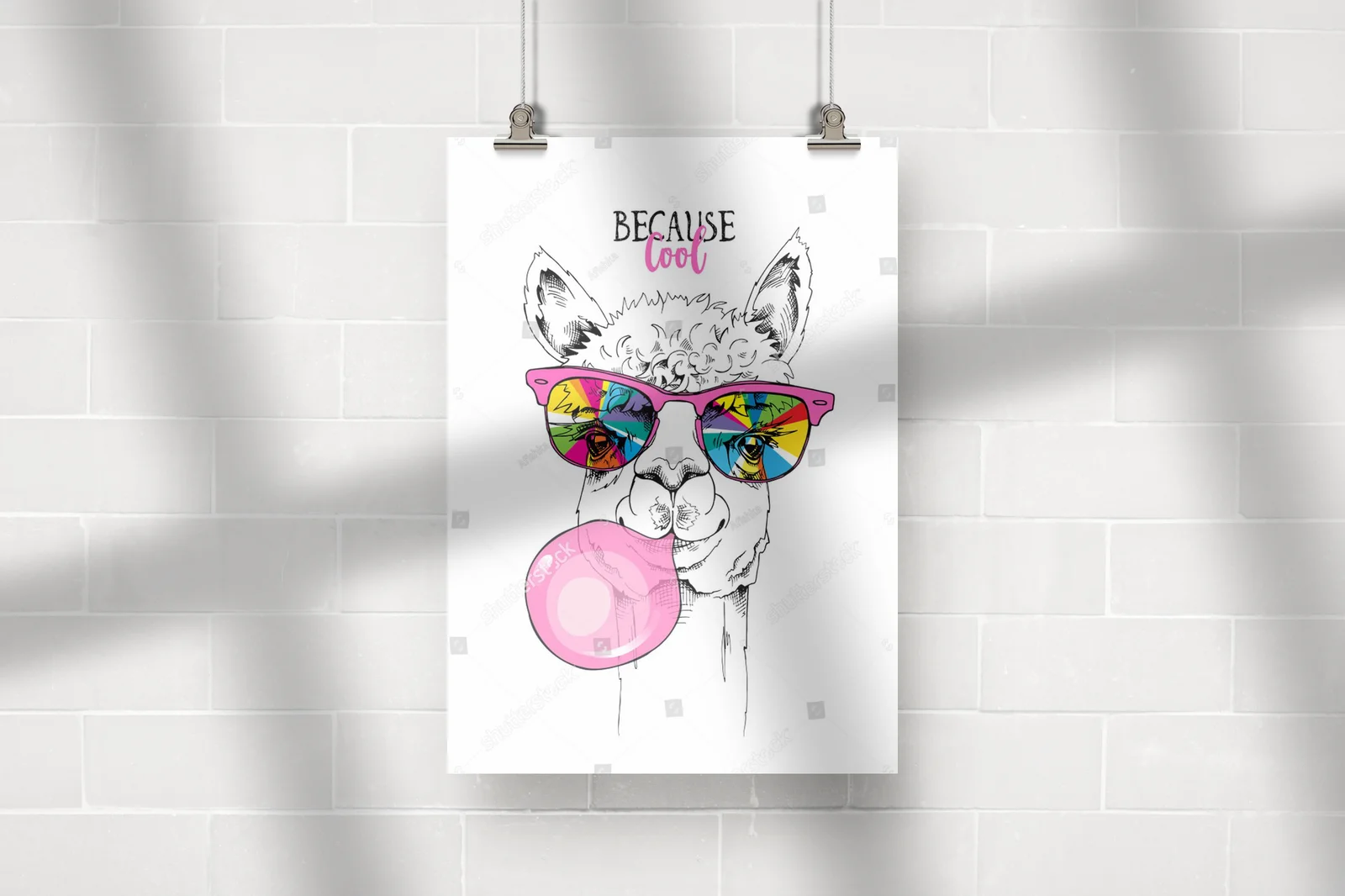 Funky lama w tęczowych okularach i różowej gumie