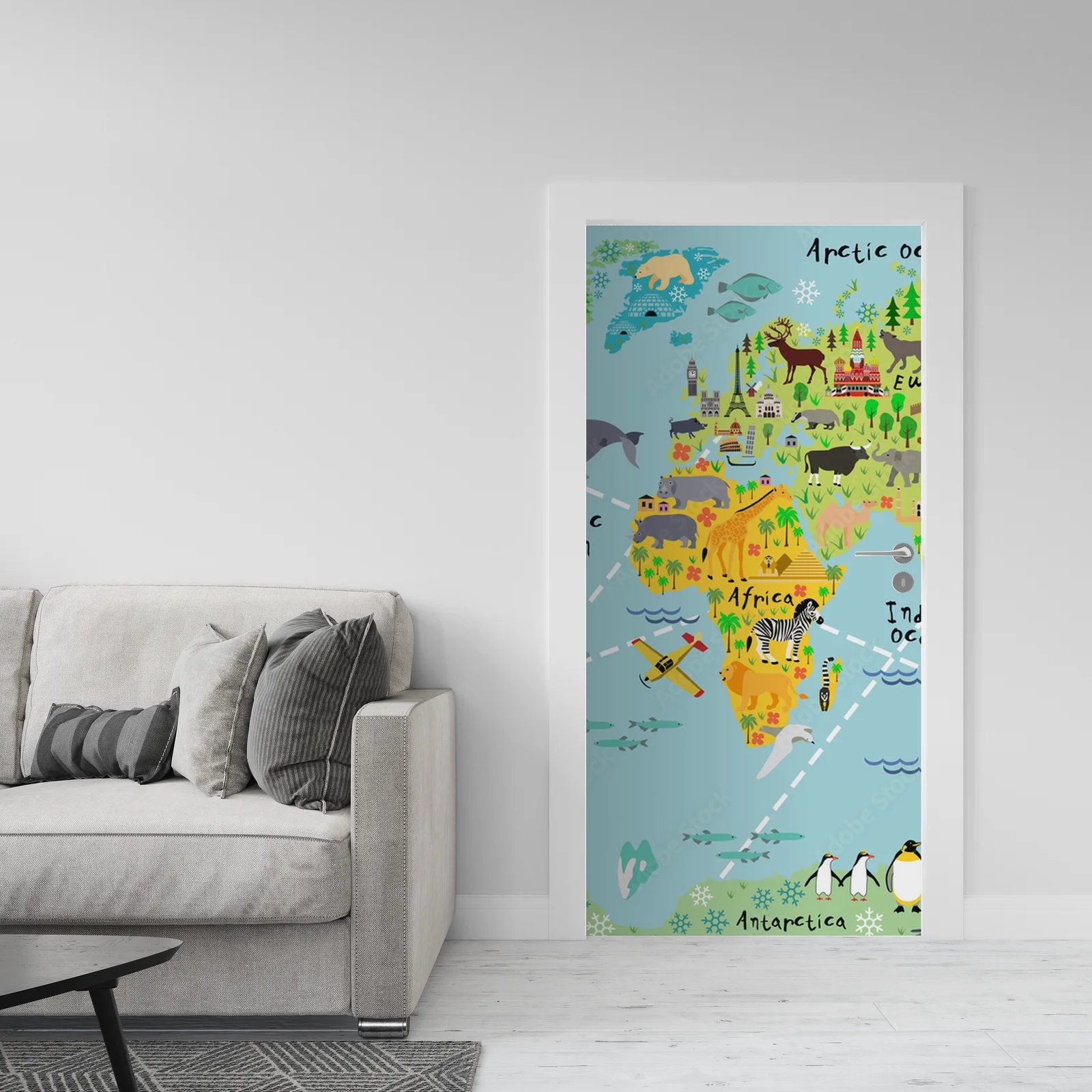 Kreskówkowa mapa świata w elektrycznym błękicie