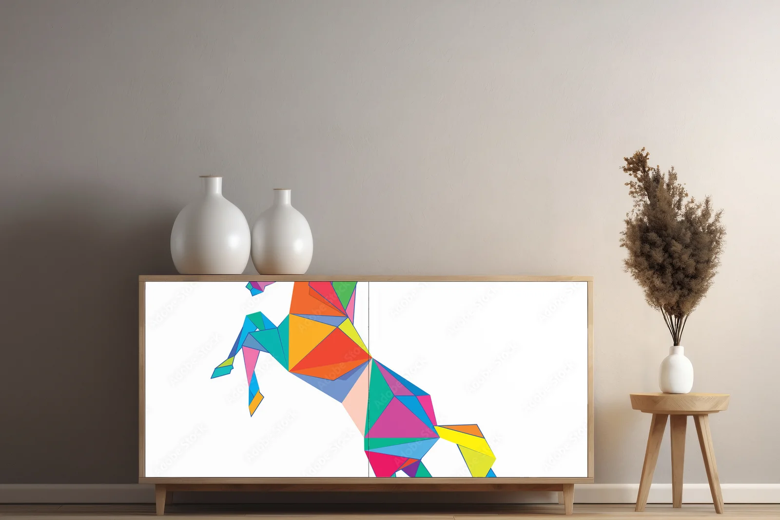 Kolorowe koniki w stylu origami na białym tle