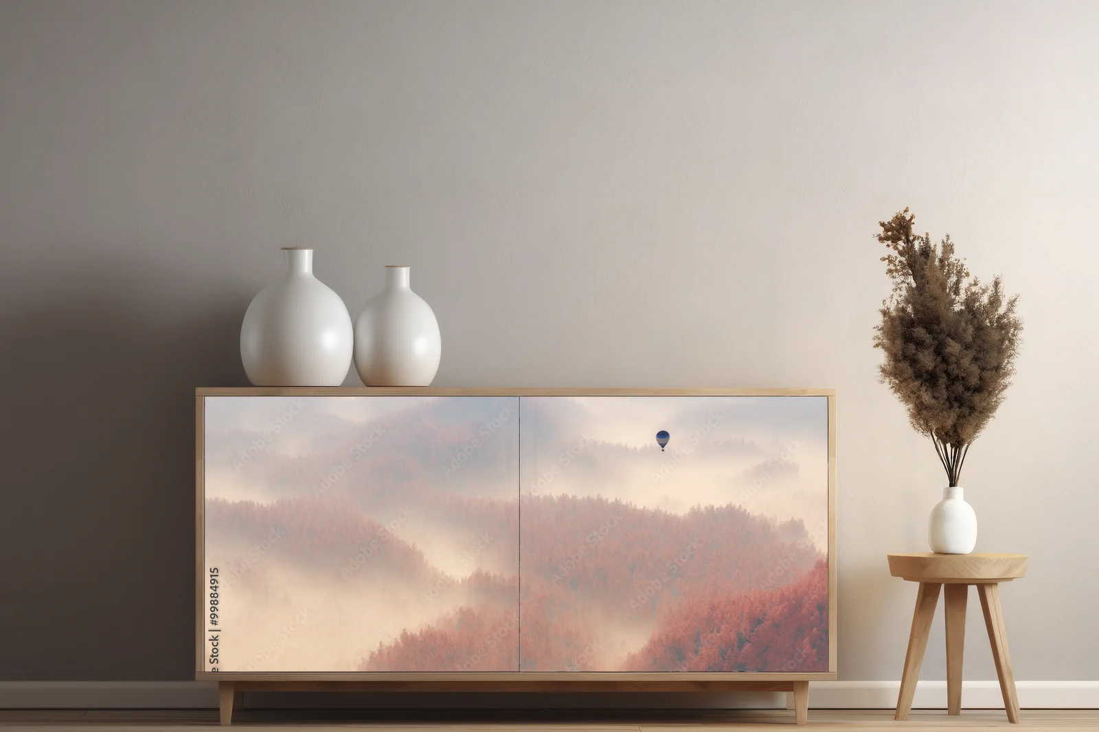 Misty Autumn Forest with a Soaring Balloon