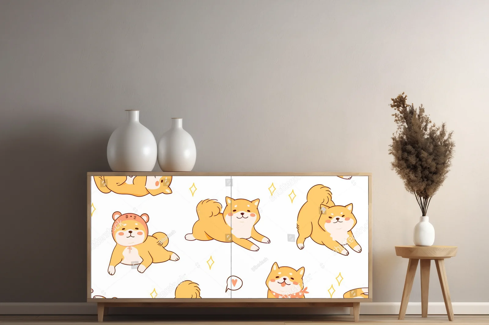 Uroczy motyw psów Shiba Inu w pastelowych odcieniach
