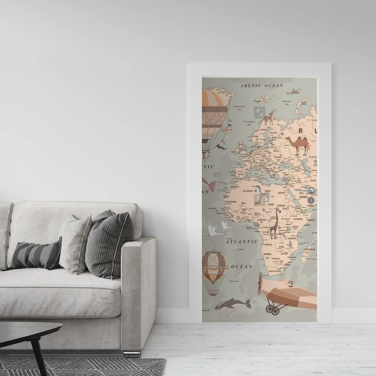 Retro mapa świata z balonami i zwierzętami