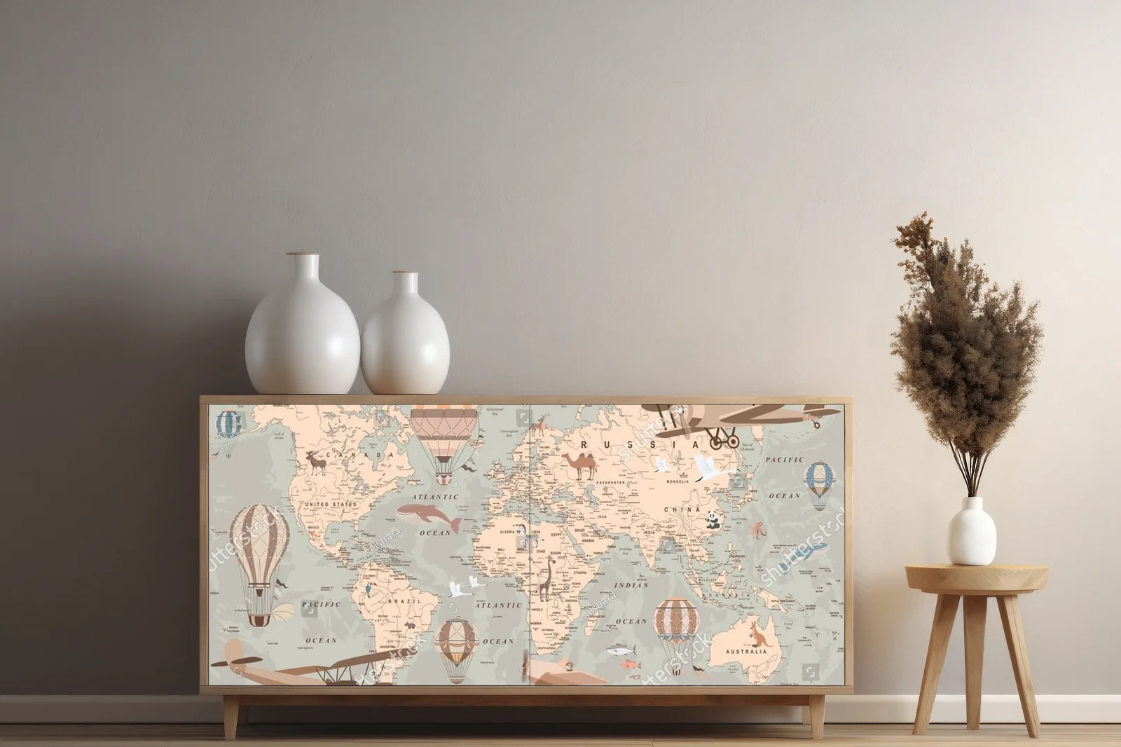Retro mapa świata z balonami i zwierzętami