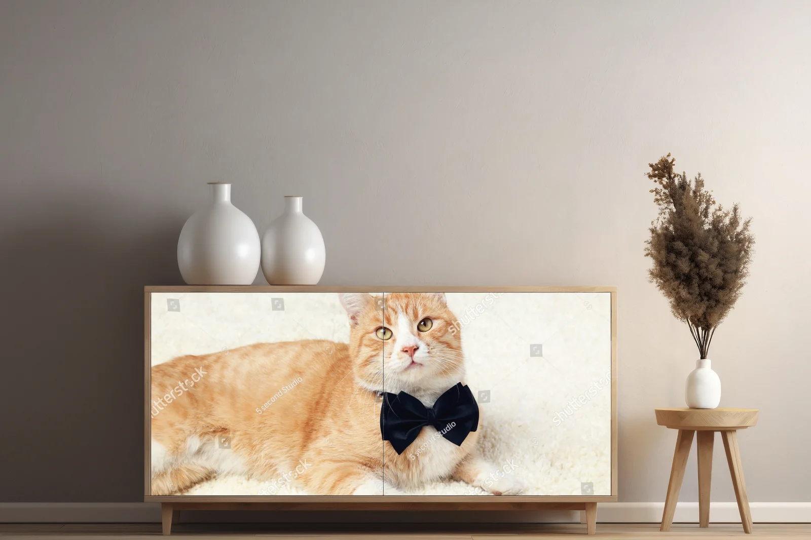 Gingerowy kot z czarną muszką na beżowym tle