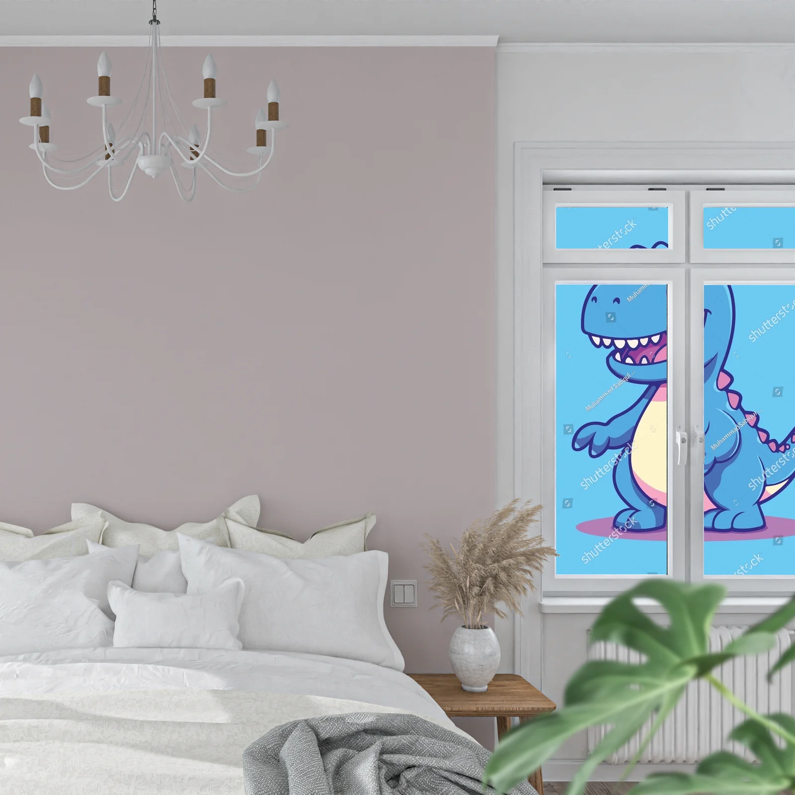 Radosny dinozaur na błękitnym tle w stylu dziecięcym