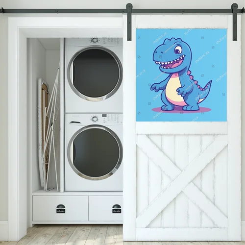 Radosny dinozaur na błękitnym tle w stylu dziecięcym