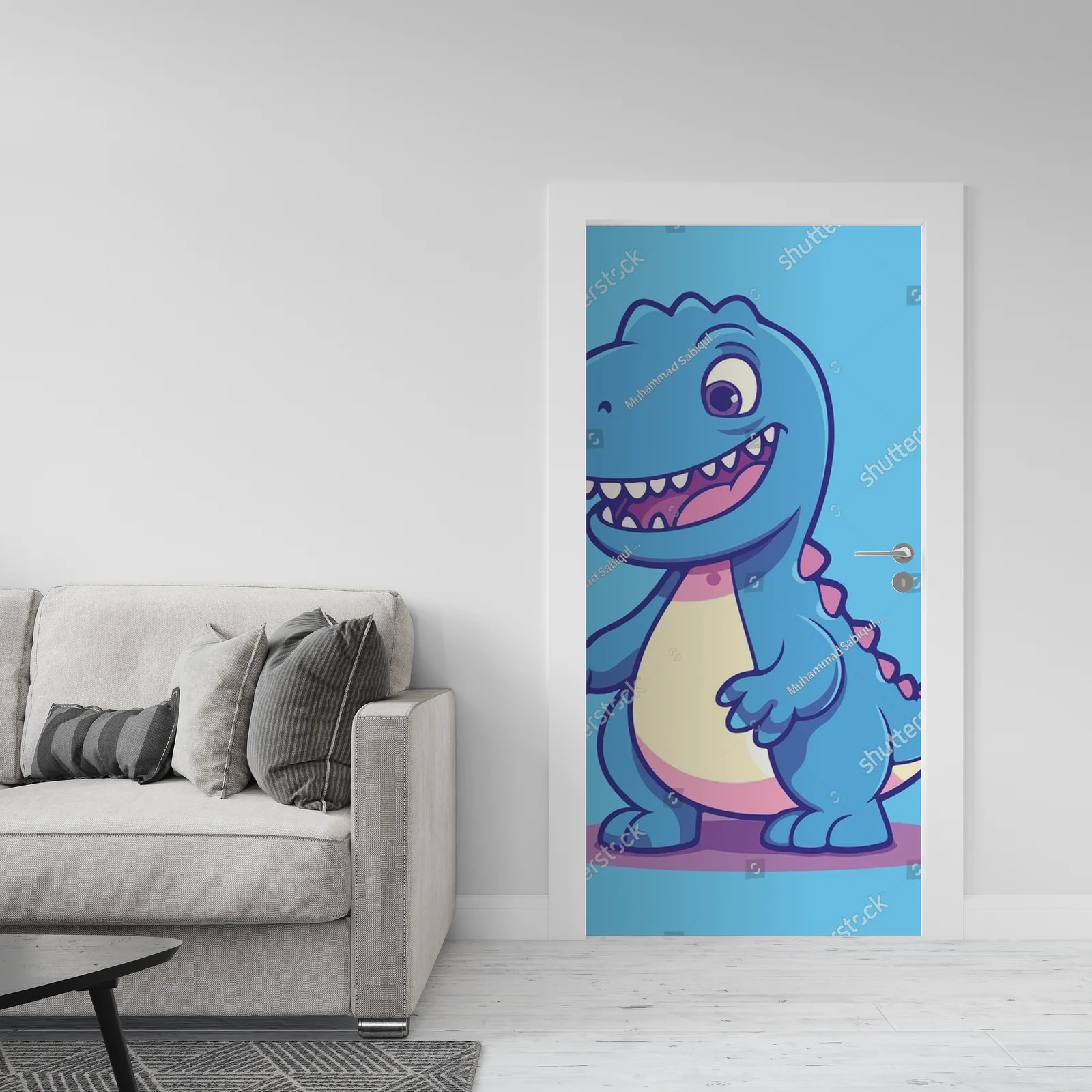 Radosny dinozaur na błękitnym tle w stylu dziecięcym