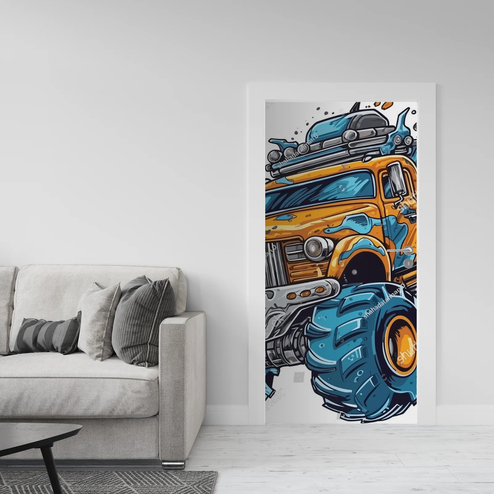 Sylwetka potężnych monster trucków w ogniu emocji