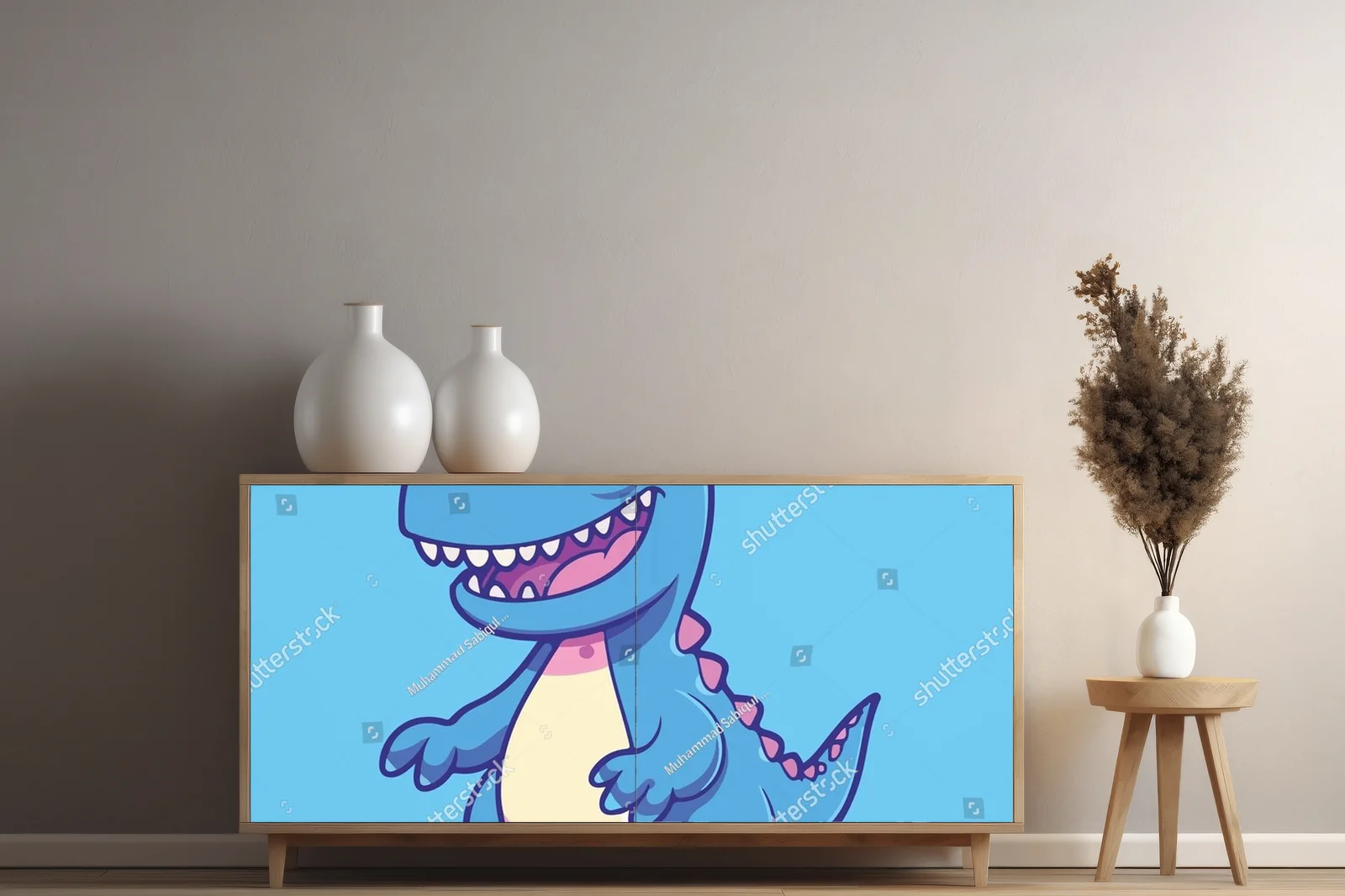 Radosny dinozaur na błękitnym tle w stylu dziecięcym