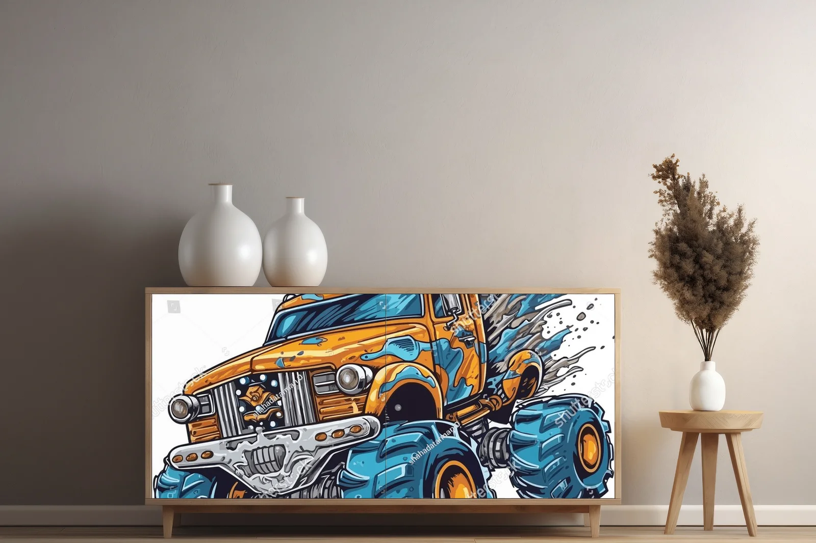 Sylwetka potężnych monster trucków w ogniu emocji