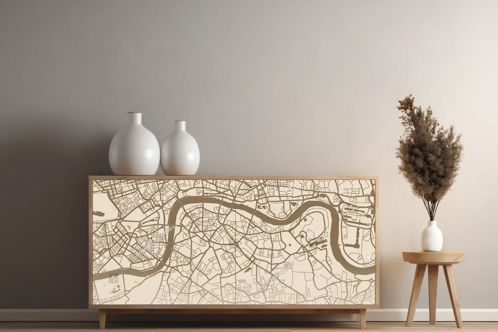 Minimalistyczna mapa Londynu w delikatnych odcieniach