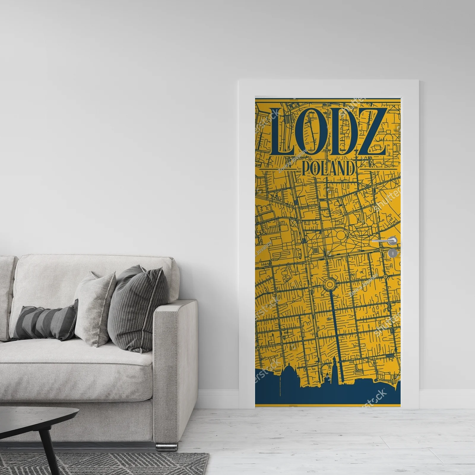 Stylowy plakat z panoramą Łodzi w żółtych tonach