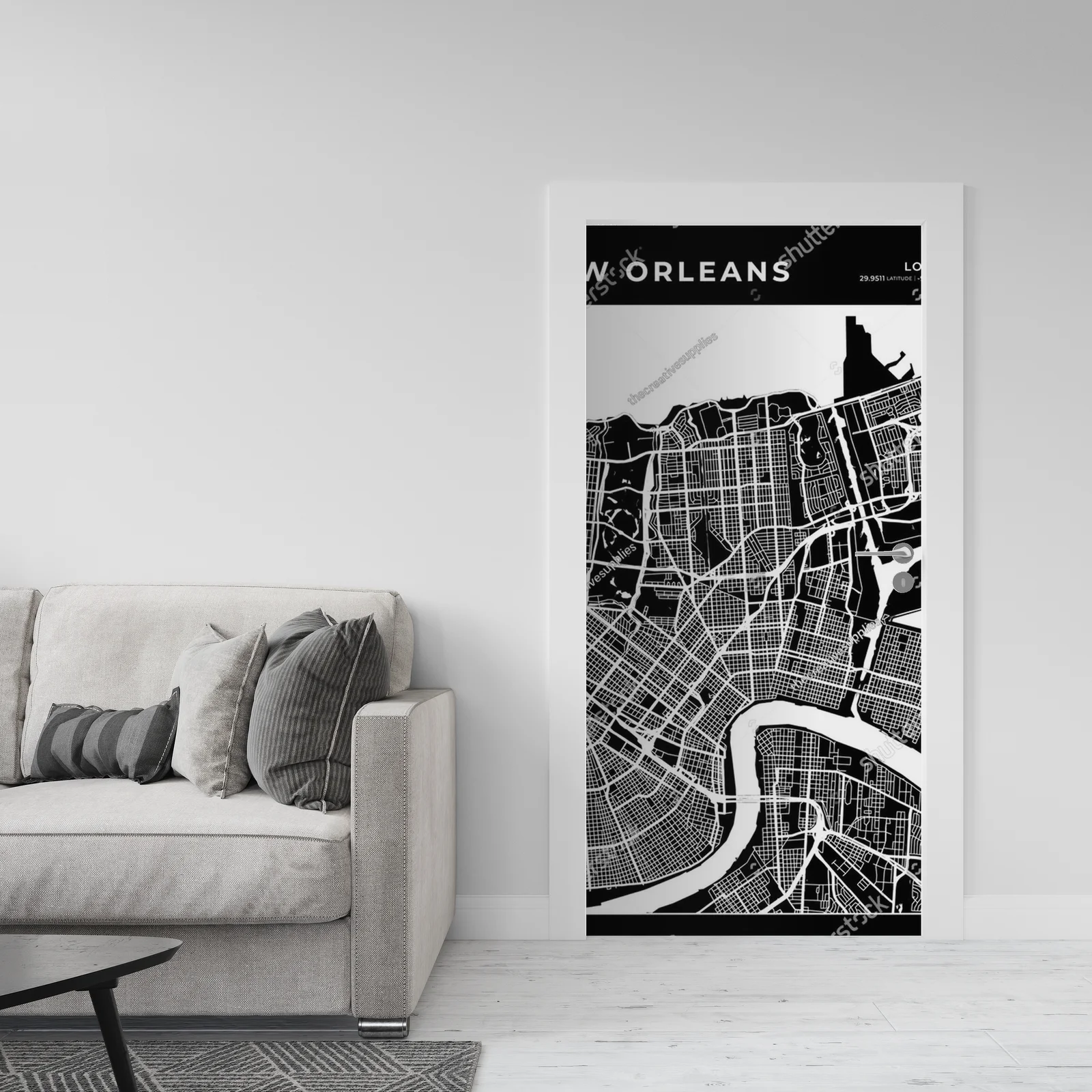 Nowoczesna mapa Nowego Orleanu w monochromatycznym stylu
