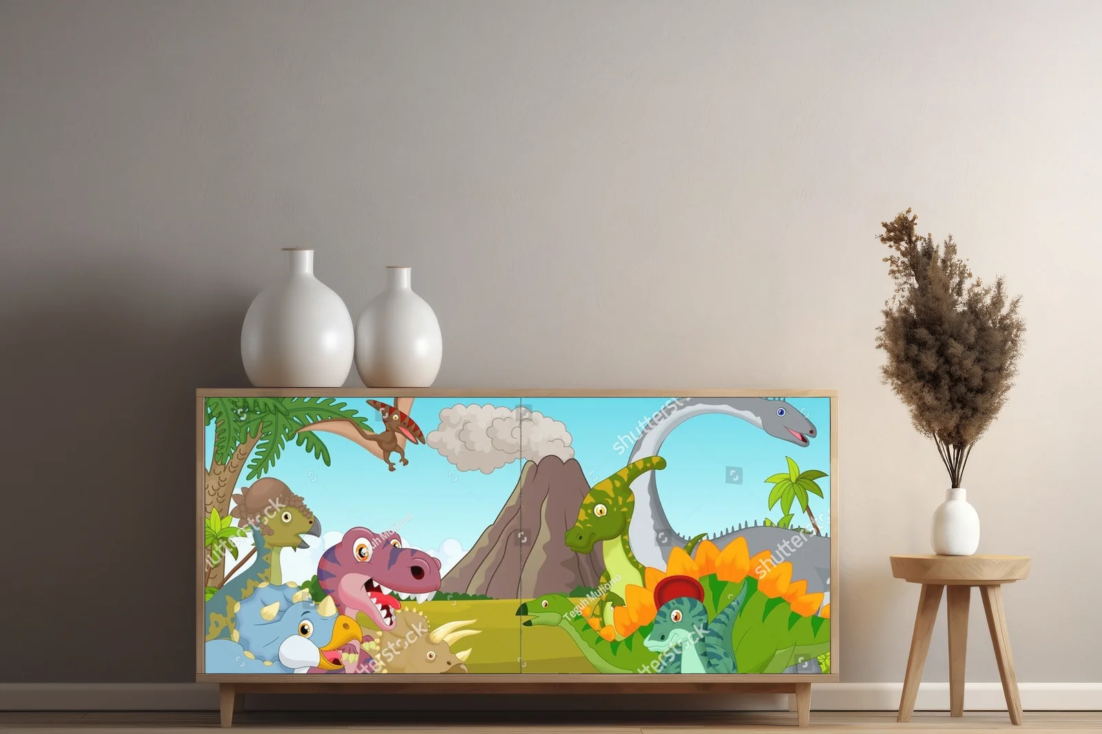 Kolorowe dinozaury w harmonijnej scenerii górskiej