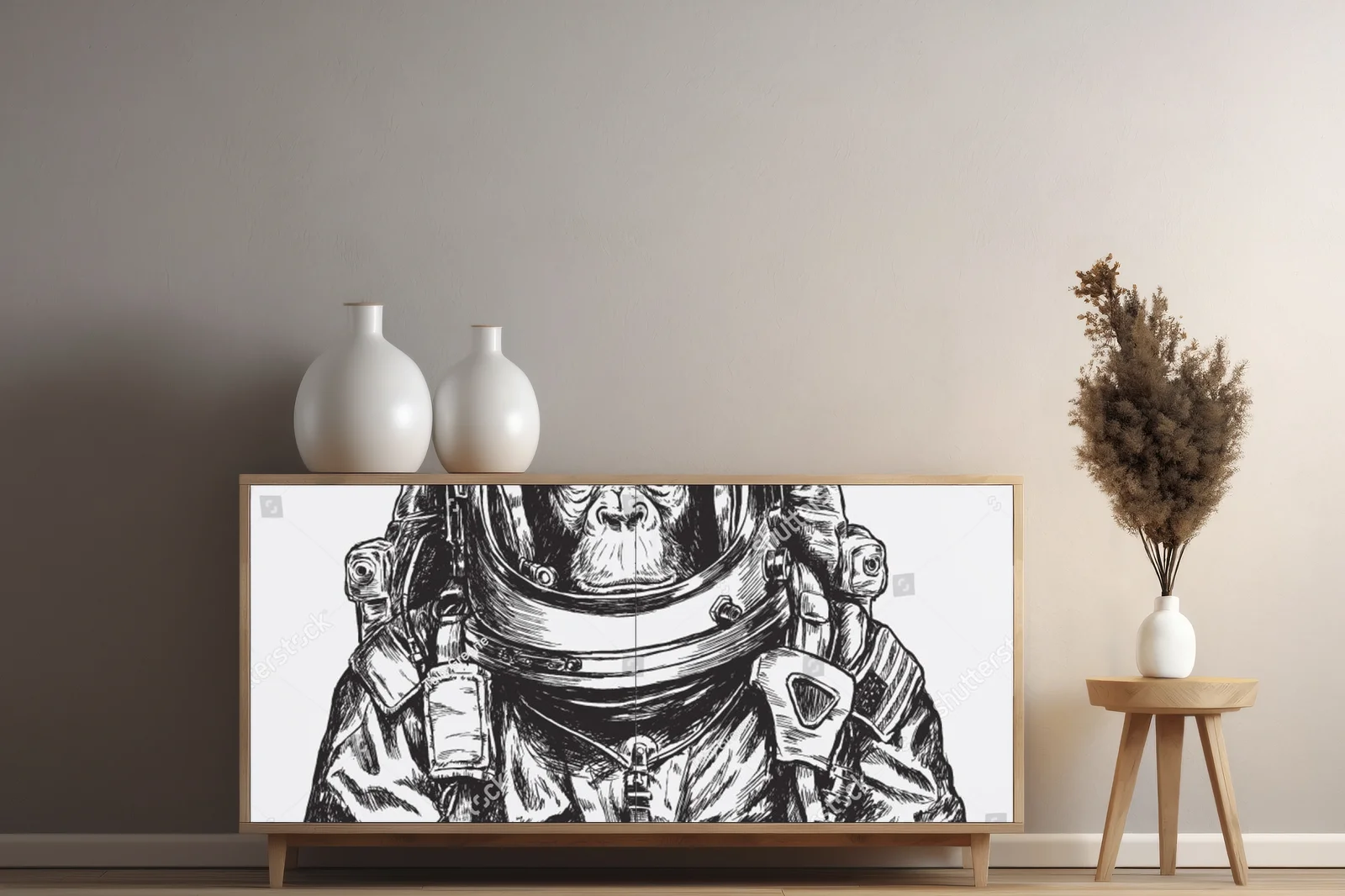 Intrygująca małpa astronauta w kosmicznej aranżacji