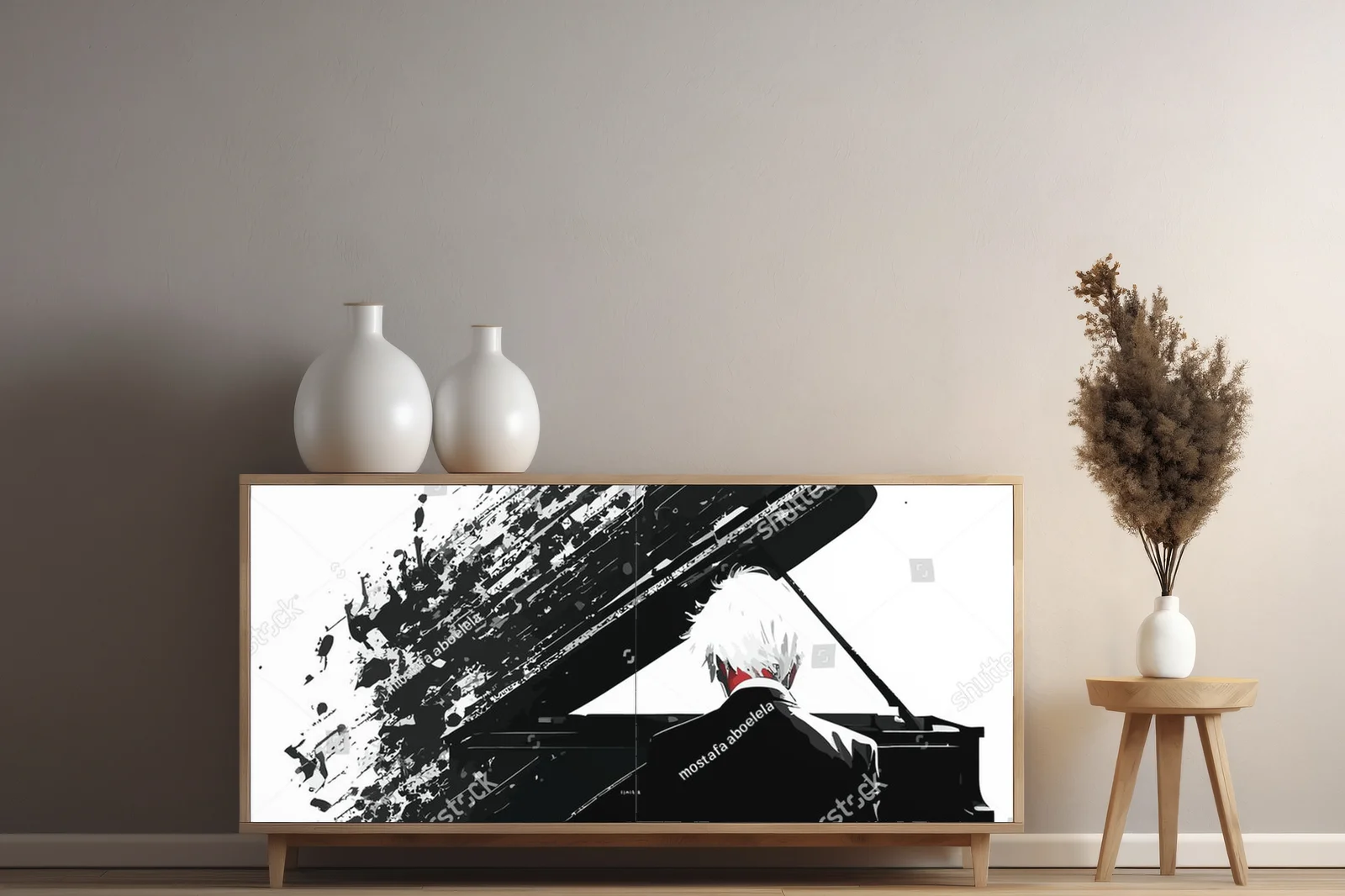 Zmysłowa sylwetka pianisty w monochromatycznej aranżacji