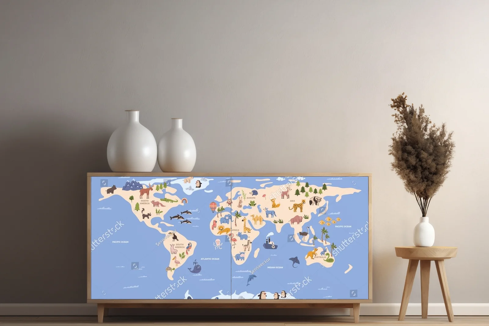Kolorowa mapa świata z dzikimi zwierzętami