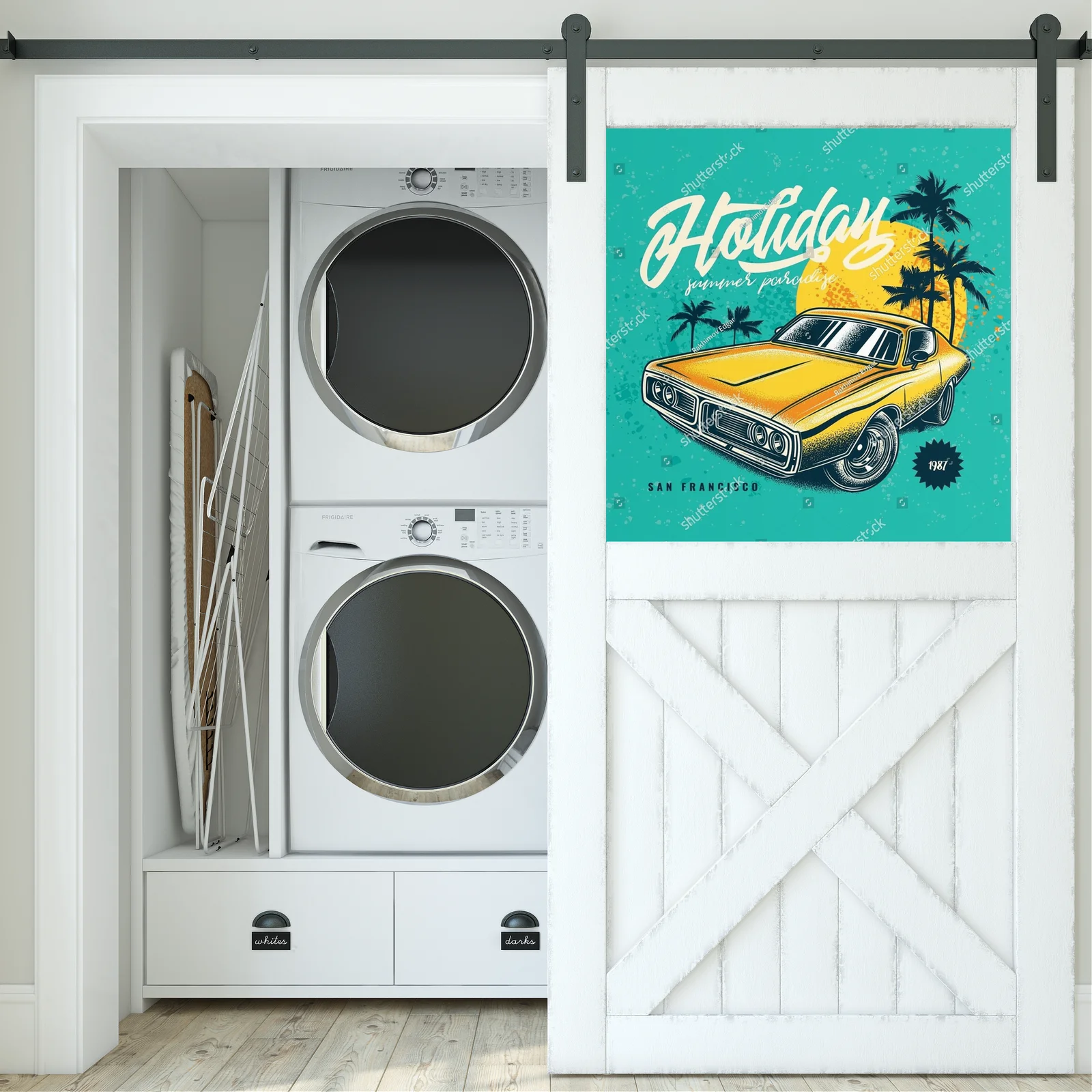 Vintage motyw automobilowy w palmowej scenerii