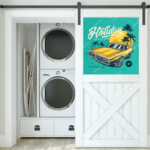 Vintage motyw automobilowy w palmowej scenerii