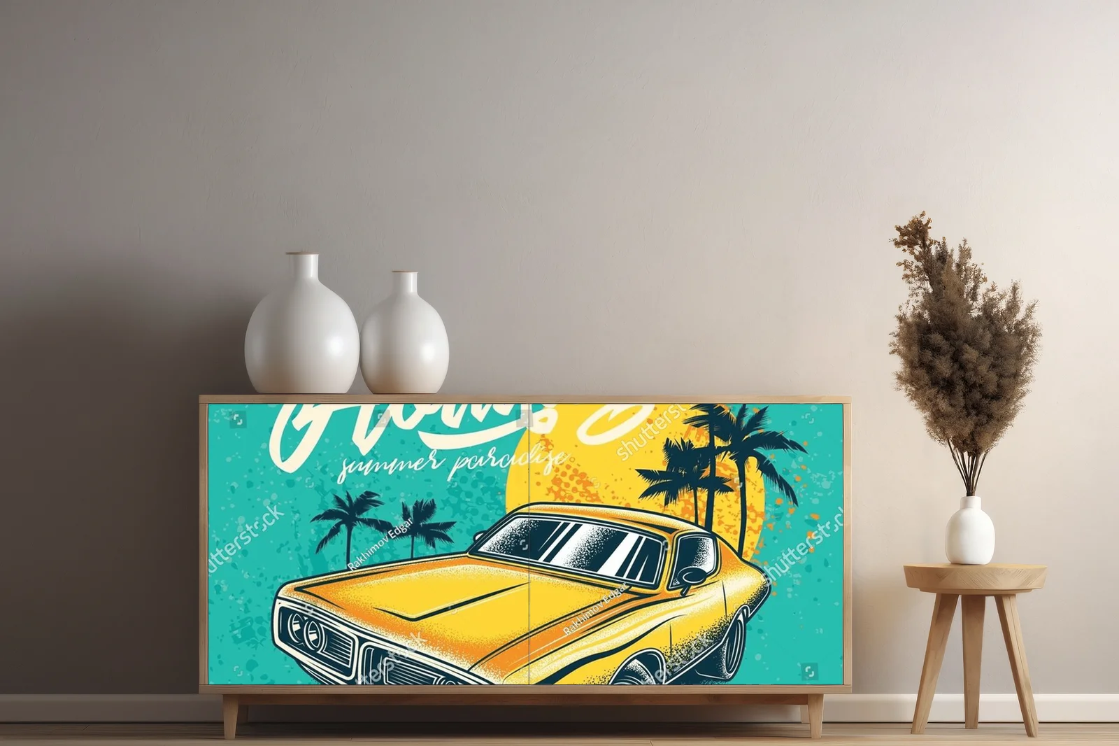 Vintage motyw automobilowy w palmowej scenerii