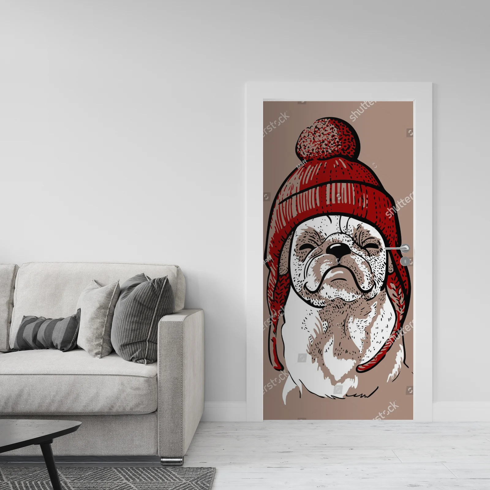 Uroczy pug w hipsterskim swetrze z pomponem