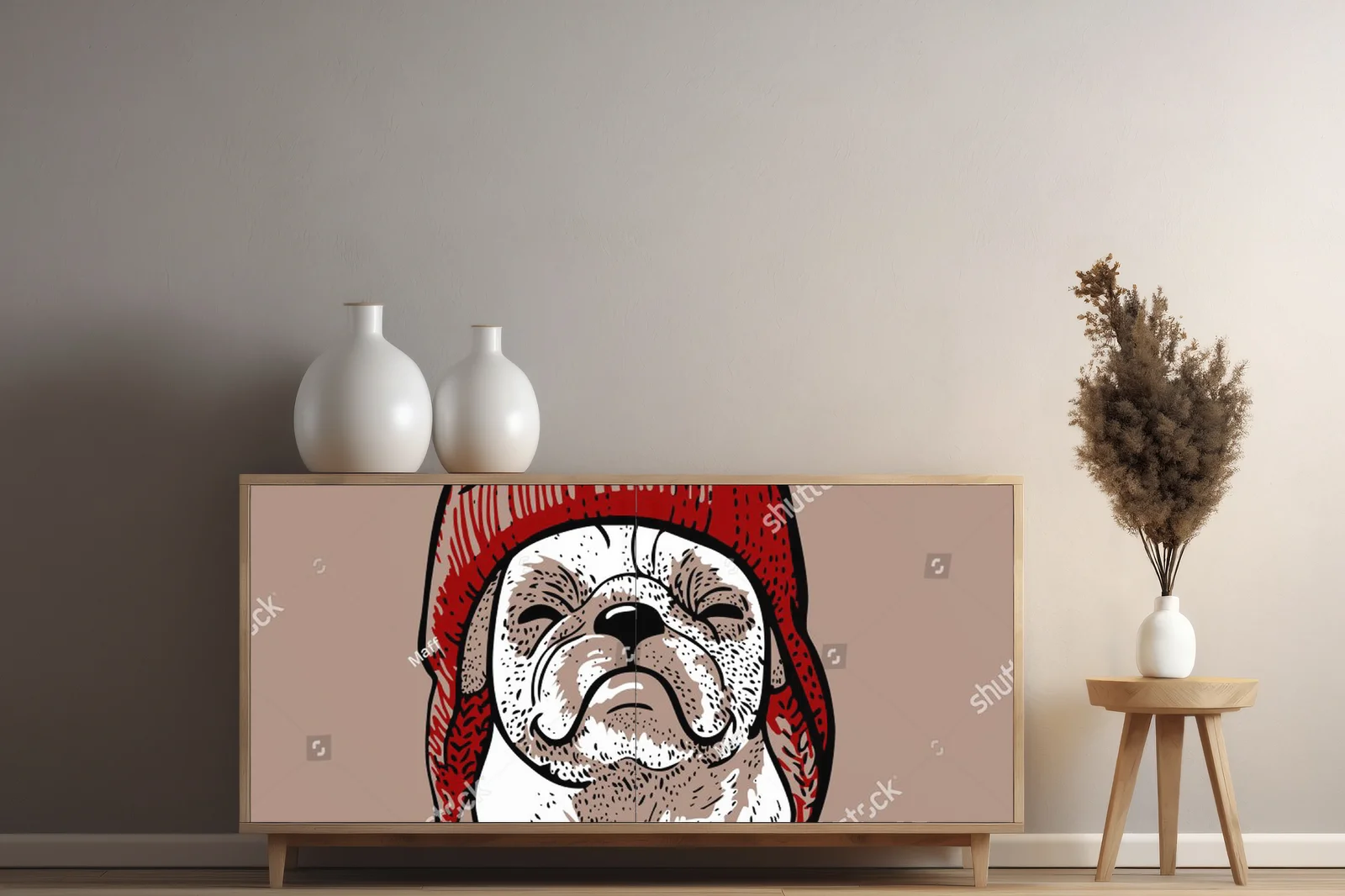 Uroczy pug w hipsterskim swetrze z pomponem